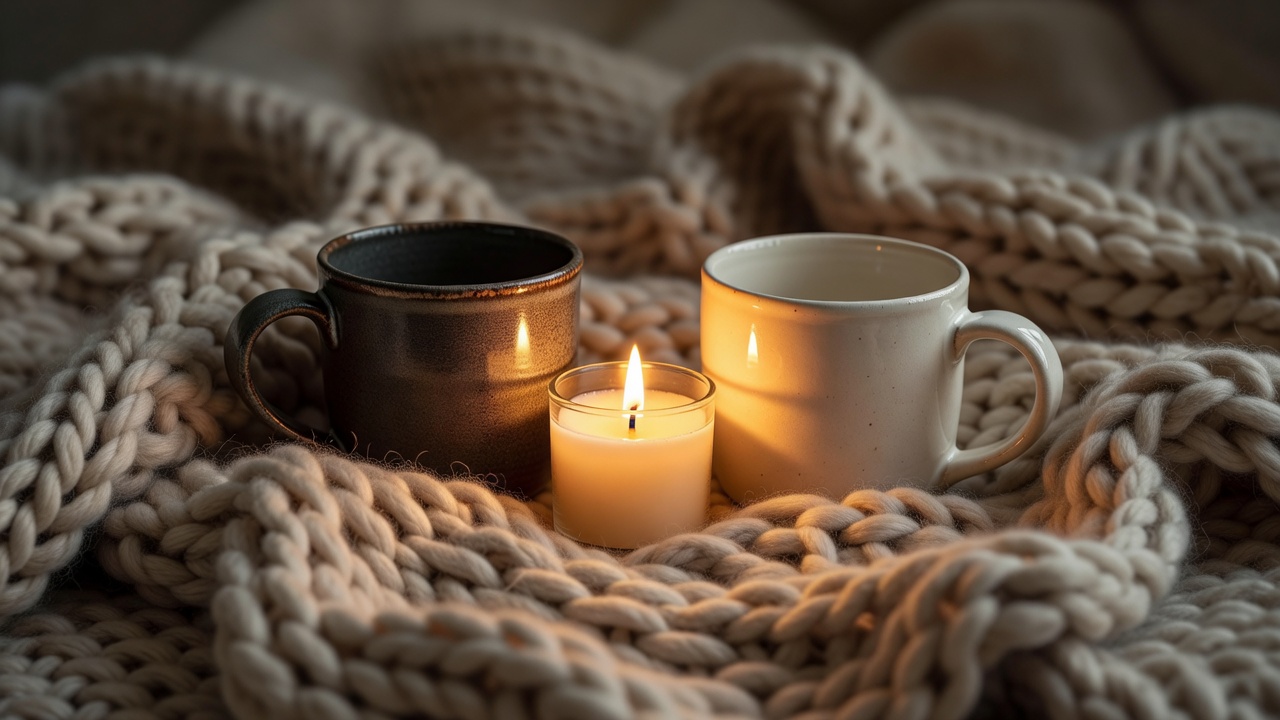 Two ceramic mugs beside a lit candle on a chunky knit blanket in shallow focus