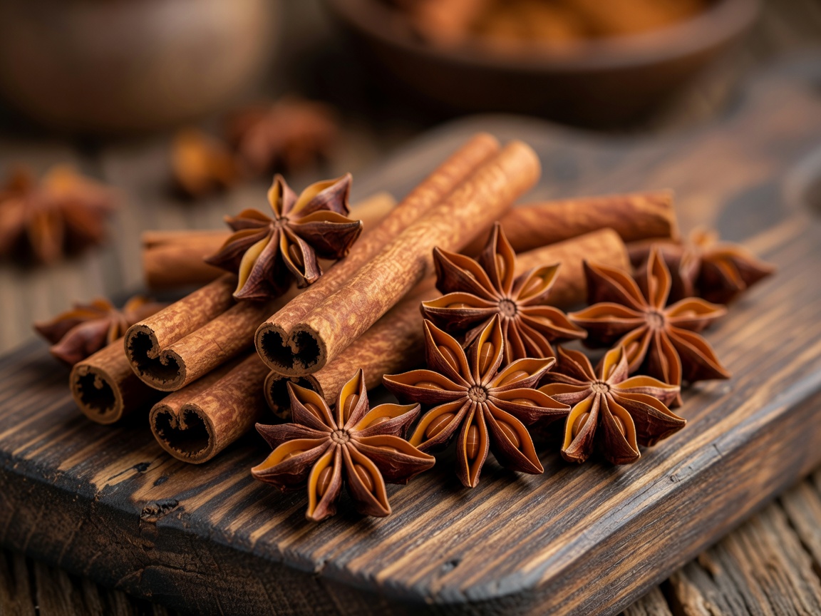 Shallow-focus close-up of cinnamon sticks and star anise on a wooden board