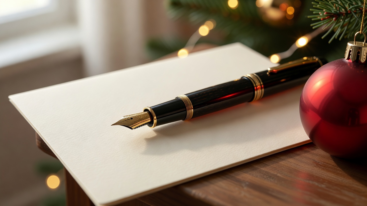 Close-up of a fountain pen resting on a blank Christmas card beside a red bauble
