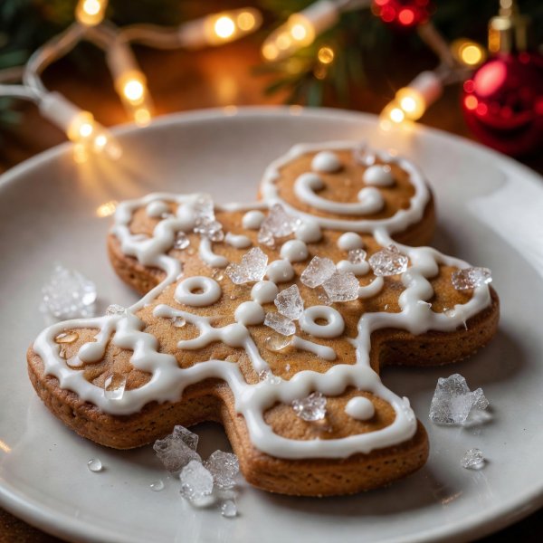 Close-up of an iced gingerbread cookie on a plate with soft holiday lights behind