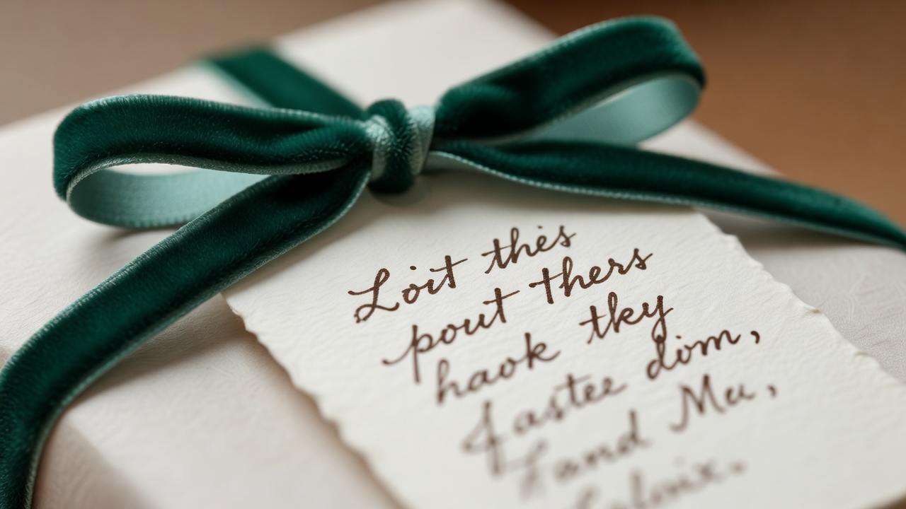 Close-up of a handwritten paper gift tag tied with green velvet ribbon