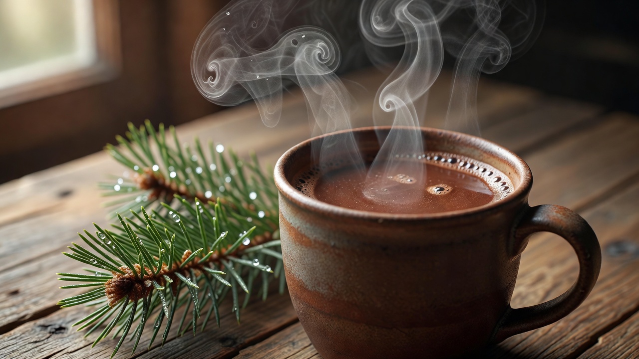 Close-up of steam rising from a mug of hot chocolate beside a pine sprig