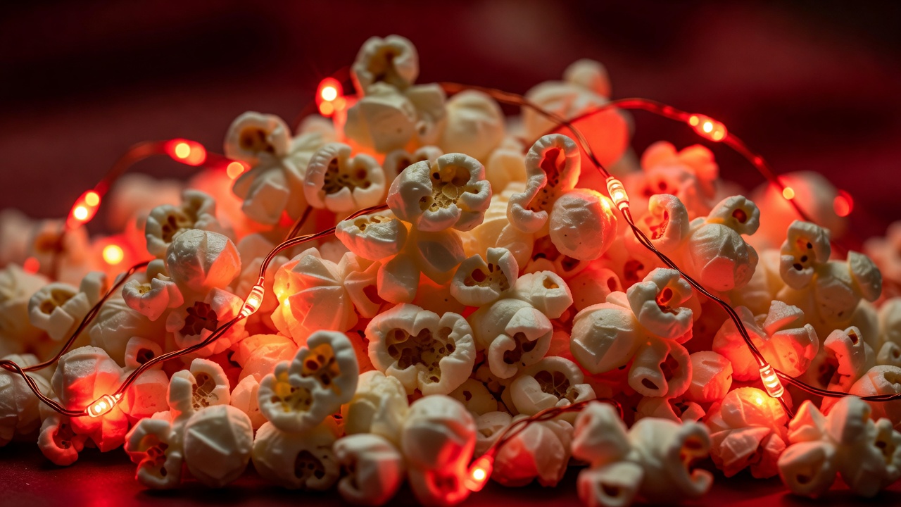Macro close-up of popcorn kernels glowing under warm red fairy lights