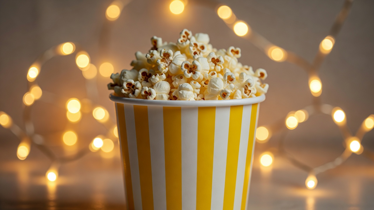Close-up of popcorn in a striped paper cup with blurred fairy lights behind