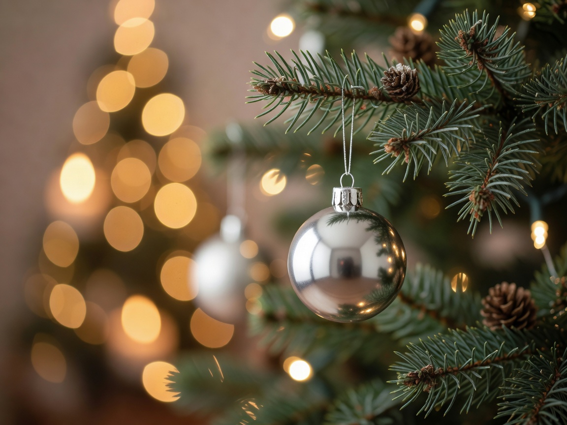 Close-up of a silver bauble hanging from a pine branch with warm bokeh