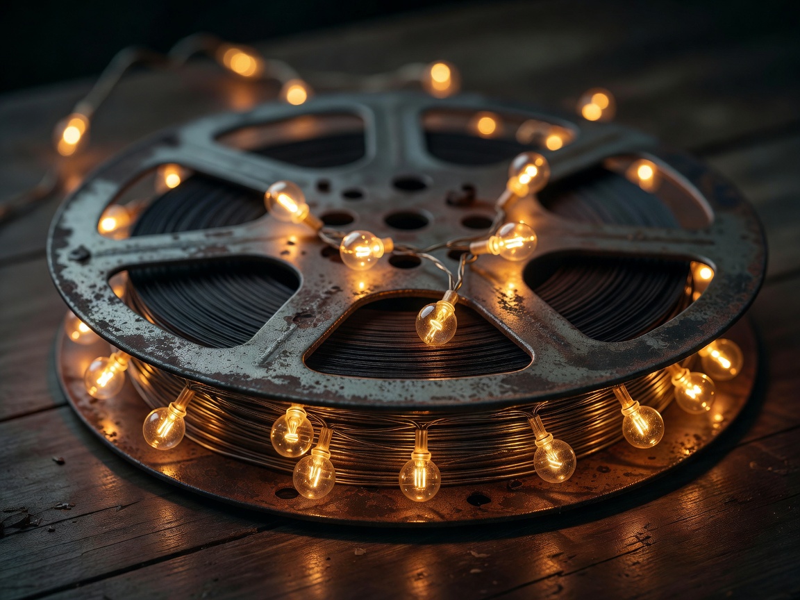 Close-up of warm string lights coiled around an old metal film reel