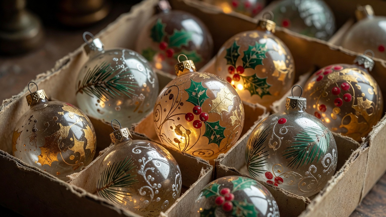Close-up of vintage hand-painted glass baubles in a box with soft warm light