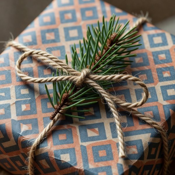 Detail of patterned wrapping paper tied with natural twine and a sprig of pine